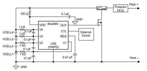 Schematic - Texas Instruments BQ2969T Overvoltage & Overtemperature Protectors